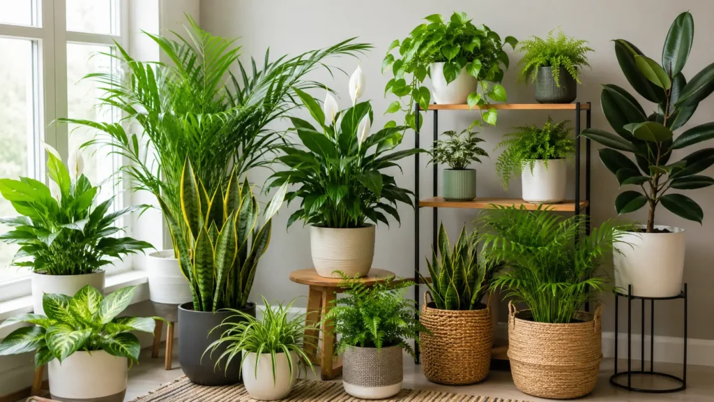 A collection of the best indoor plants for air quality displayed on wooden shelves.