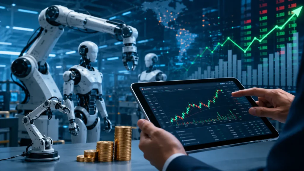 Futuristic robot analyzing stock market data for robotics stocks in 2026