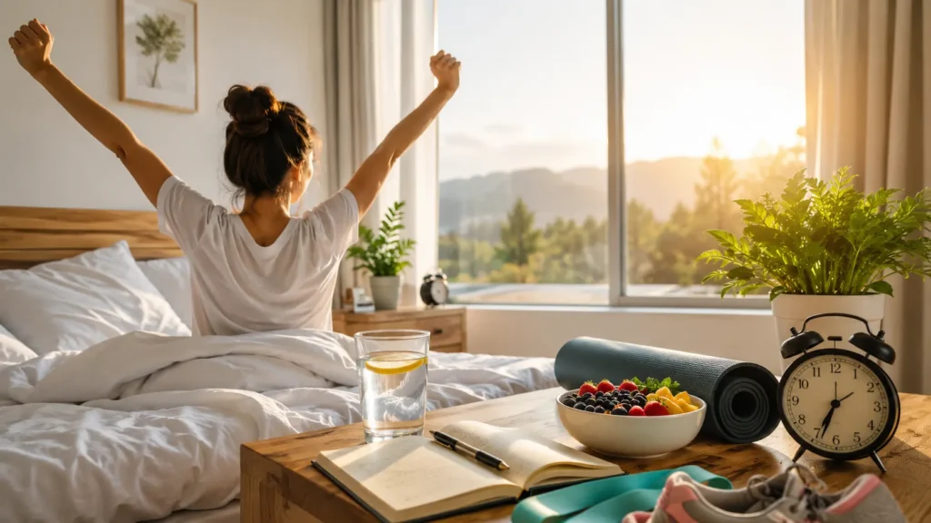 Person stretching and enjoying sunlight as part of a healthy morning routine