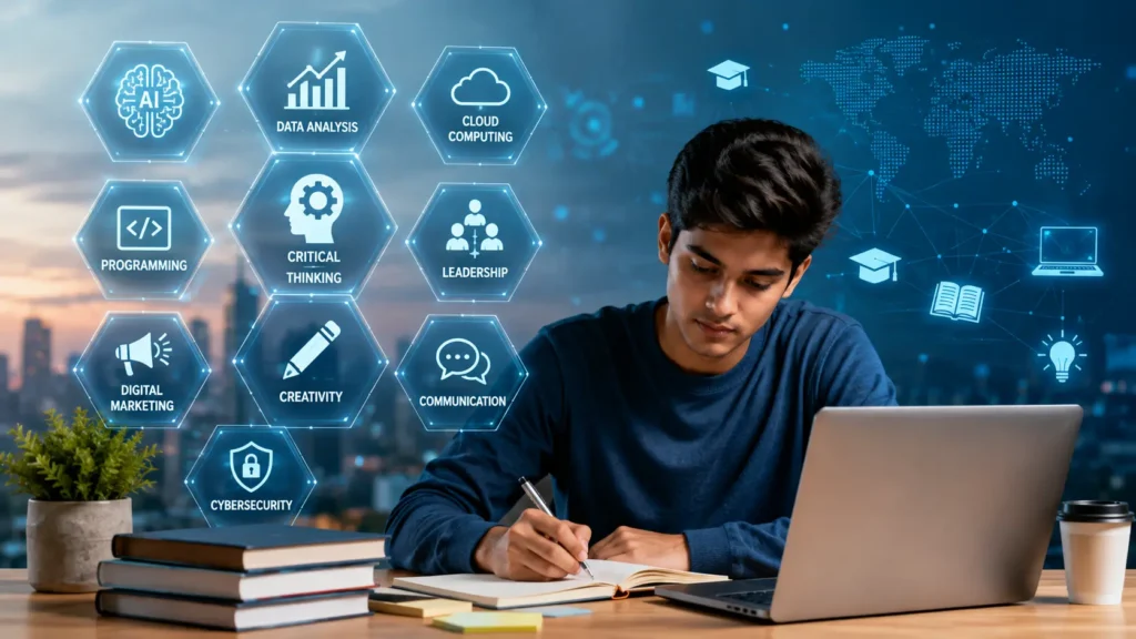 Person working on a laptop surrounded by virtual icons representing the best skills to learn for the future