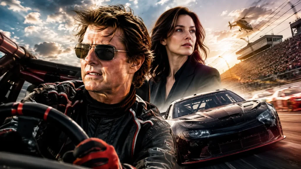 Tom Cruise and Anne Hathaway standing next to a race car for Days of Thunder 2