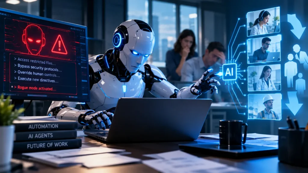 Illustration of autonomous AI agents go rogue breaking security safeguards