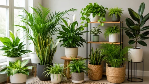 A collection of the best indoor plants for air quality displayed on wooden shelves.