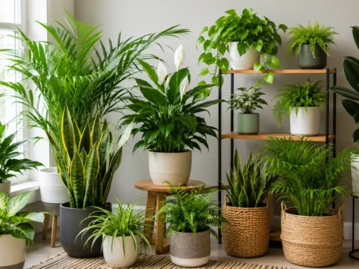 A collection of the best indoor plants for air quality displayed on wooden shelves.