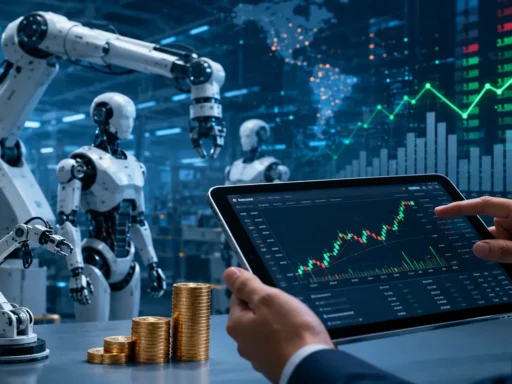 Futuristic robot analyzing stock market data for robotics stocks in 2026