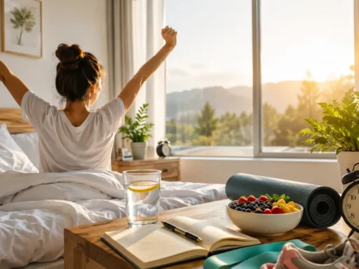 Person stretching and enjoying sunlight as part of a healthy morning routine