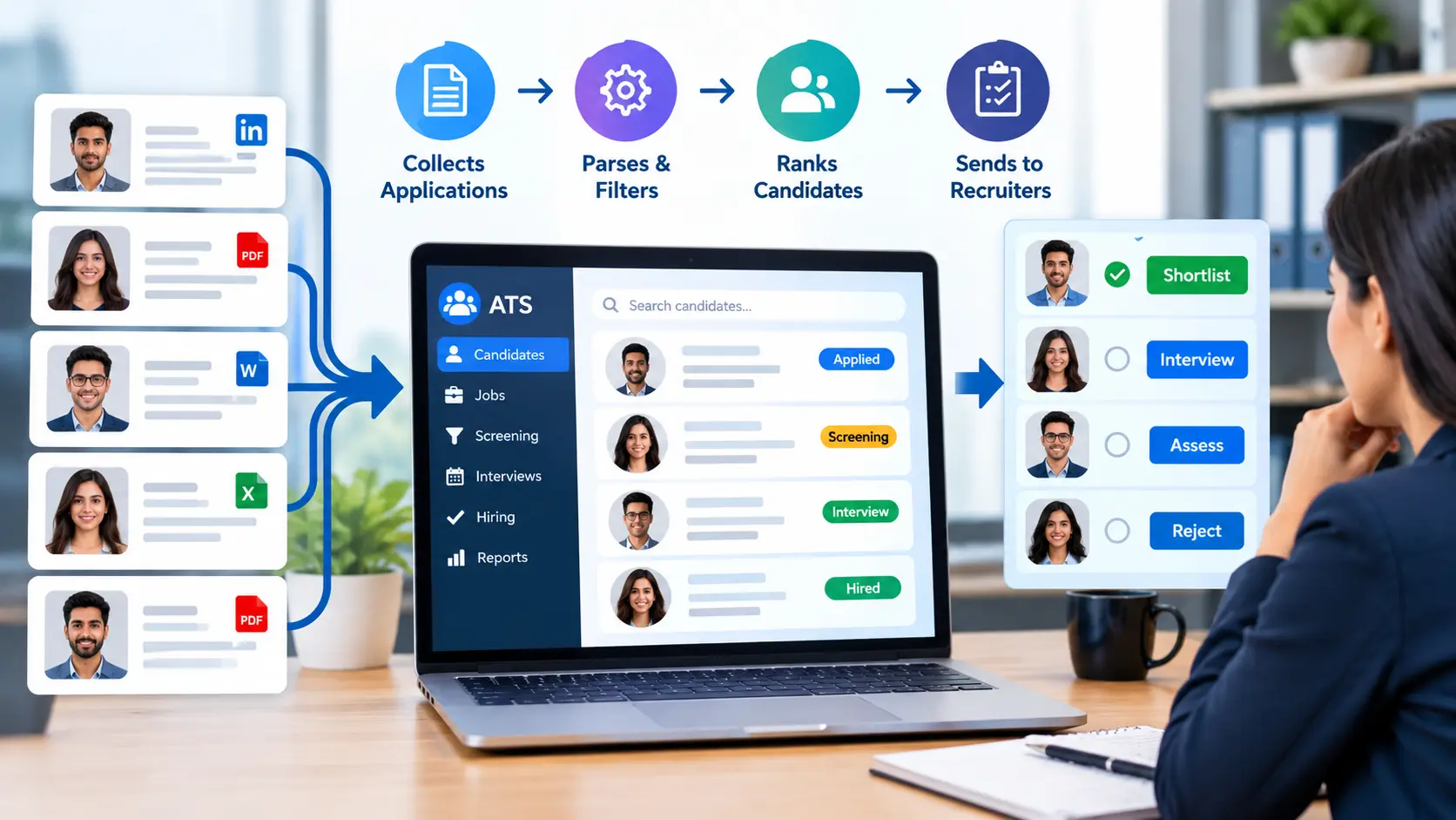 Applicant Tracking System ATS software interface diagram showing recruitment workflow