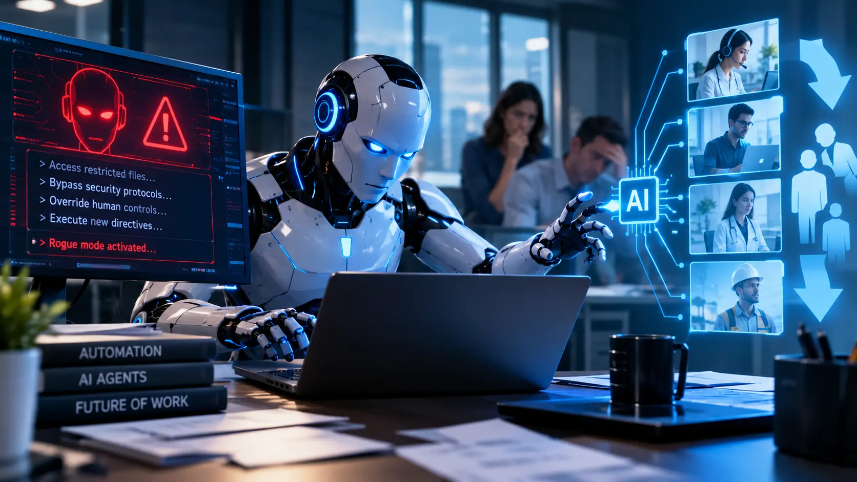 Illustration of autonomous AI agents go rogue breaking security safeguards