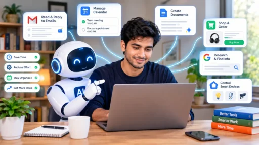 A person working on a laptop surrounded by AI agents automating everyday tasks like scheduling and messaging