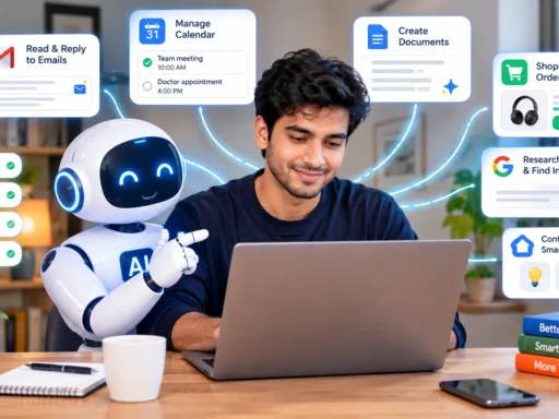 A person working on a laptop surrounded by AI agents automating everyday tasks like scheduling and messaging