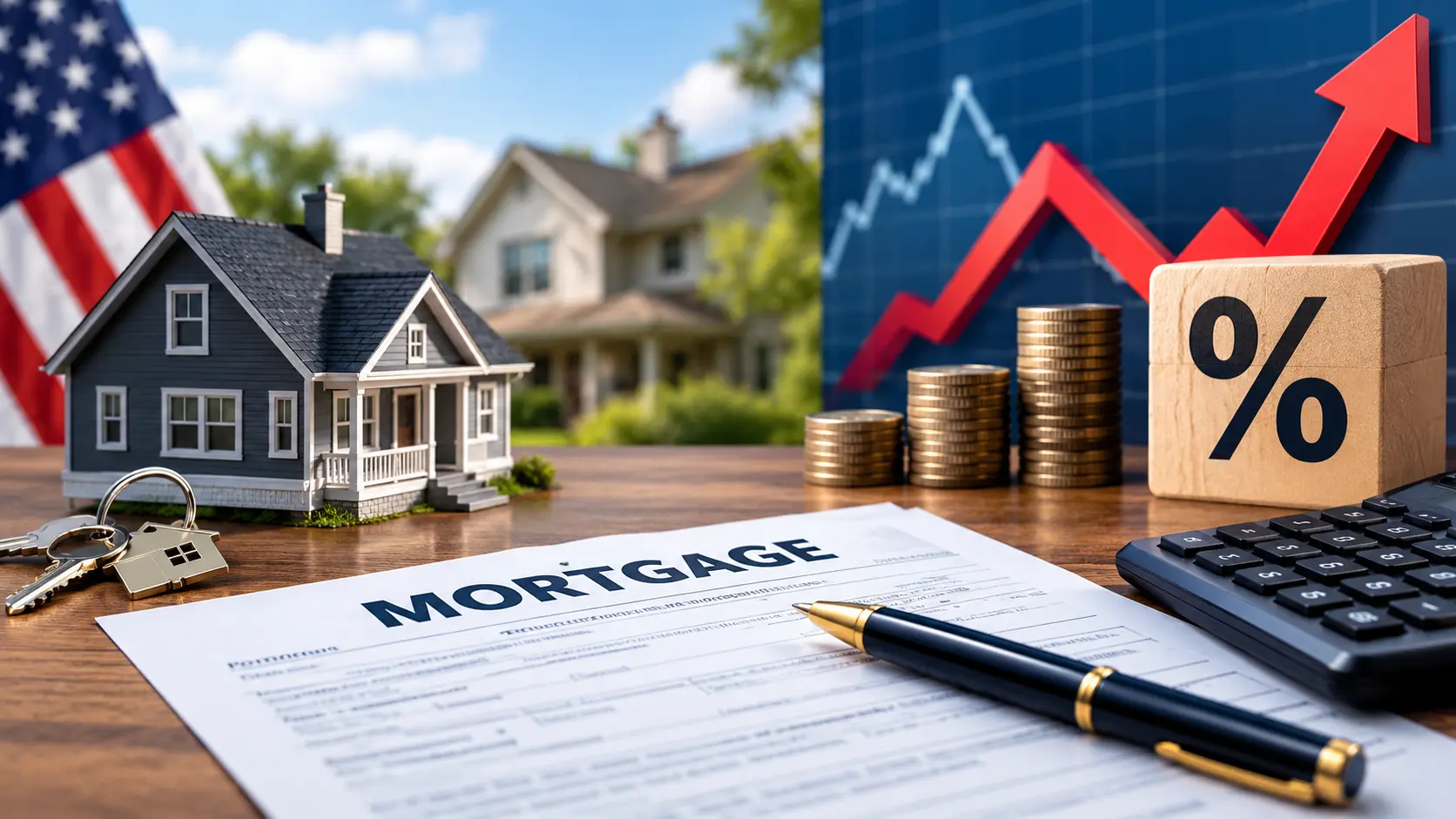 House model and financial charts illustrating mortgage rates today.