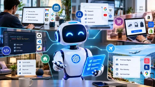AI Agents 2026 collaborating with a professional in a modern office, showing future workplace automation.