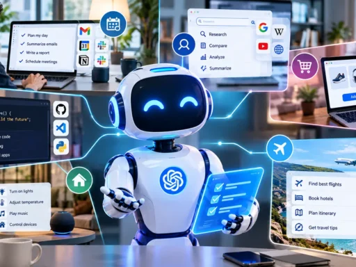 AI Agents 2026 collaborating with a professional in a modern office, showing future workplace automation.