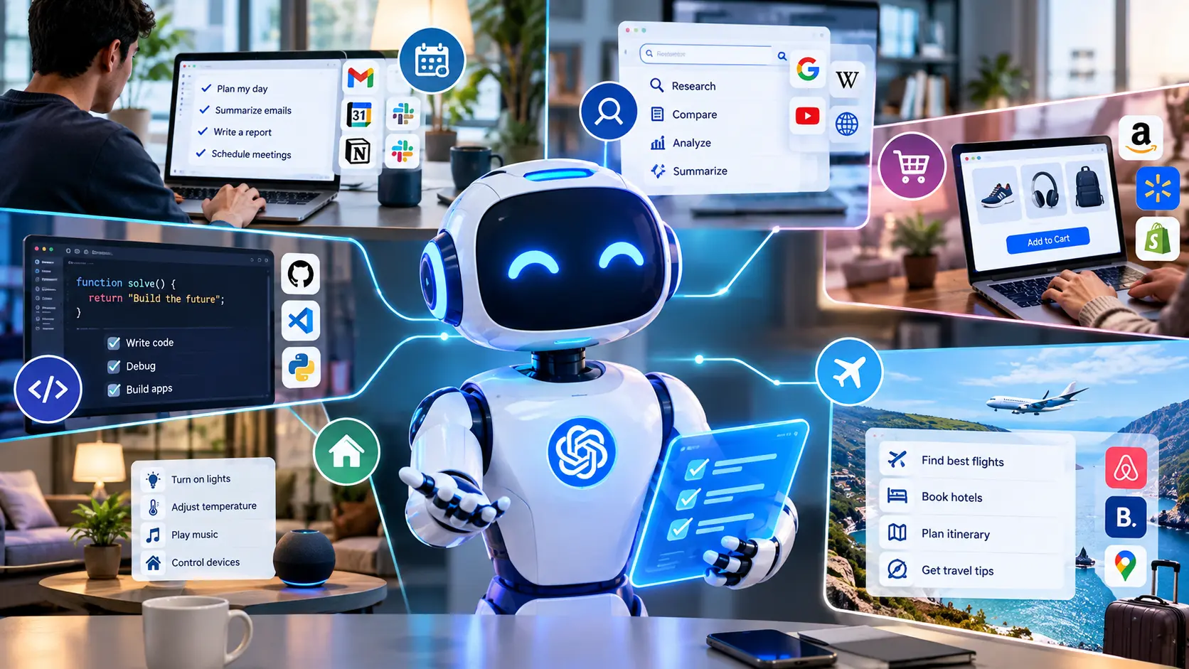 AI Agents 2026 collaborating with a professional in a modern office, showing future workplace automation.