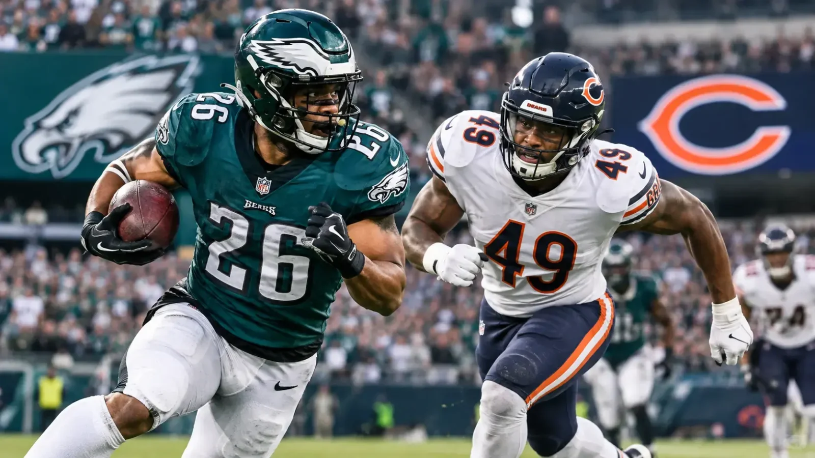 Eagles vs Bears game action showing Philadelphia Eagles and Chicago Bears players on the field