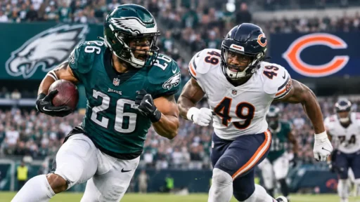 Eagles vs Bears game action showing Philadelphia Eagles and Chicago Bears players on the field