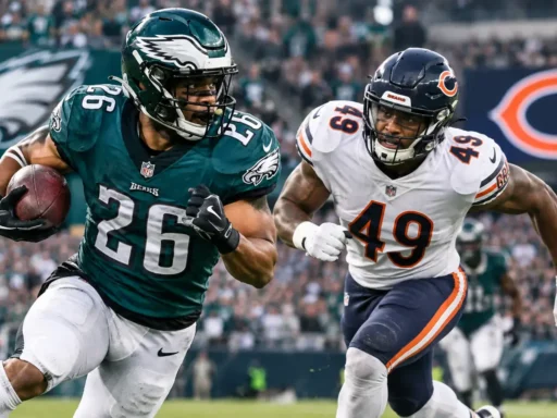 Eagles vs Bears game action showing Philadelphia Eagles and Chicago Bears players on the field