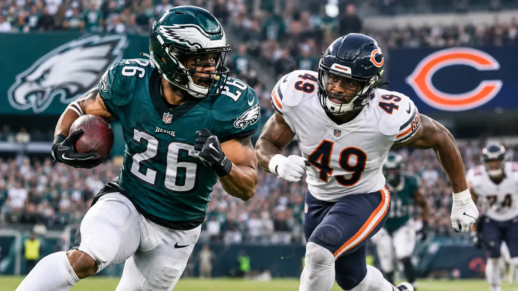 Eagles vs Bears game action showing Philadelphia Eagles and Chicago Bears players on the field
